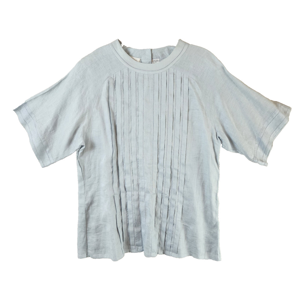 Albert Nipon Short Sleeve Pleated Blouse Women's Size 12 Linen Light Blue